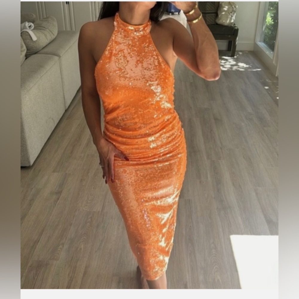 Caroline Constas Orange Sequin Embellished Halter Midi Dress